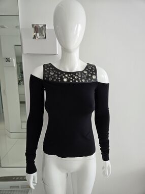 Bailey 44 Black Cold-Shoulder Top with Leather, Grommet Neckline, Size XS